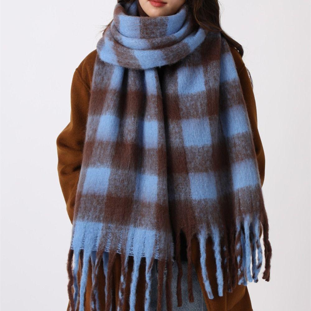 Tassel Plaid Wool Scarf Plush Long Shawl Simple Winter Cashmere Scarves  Student