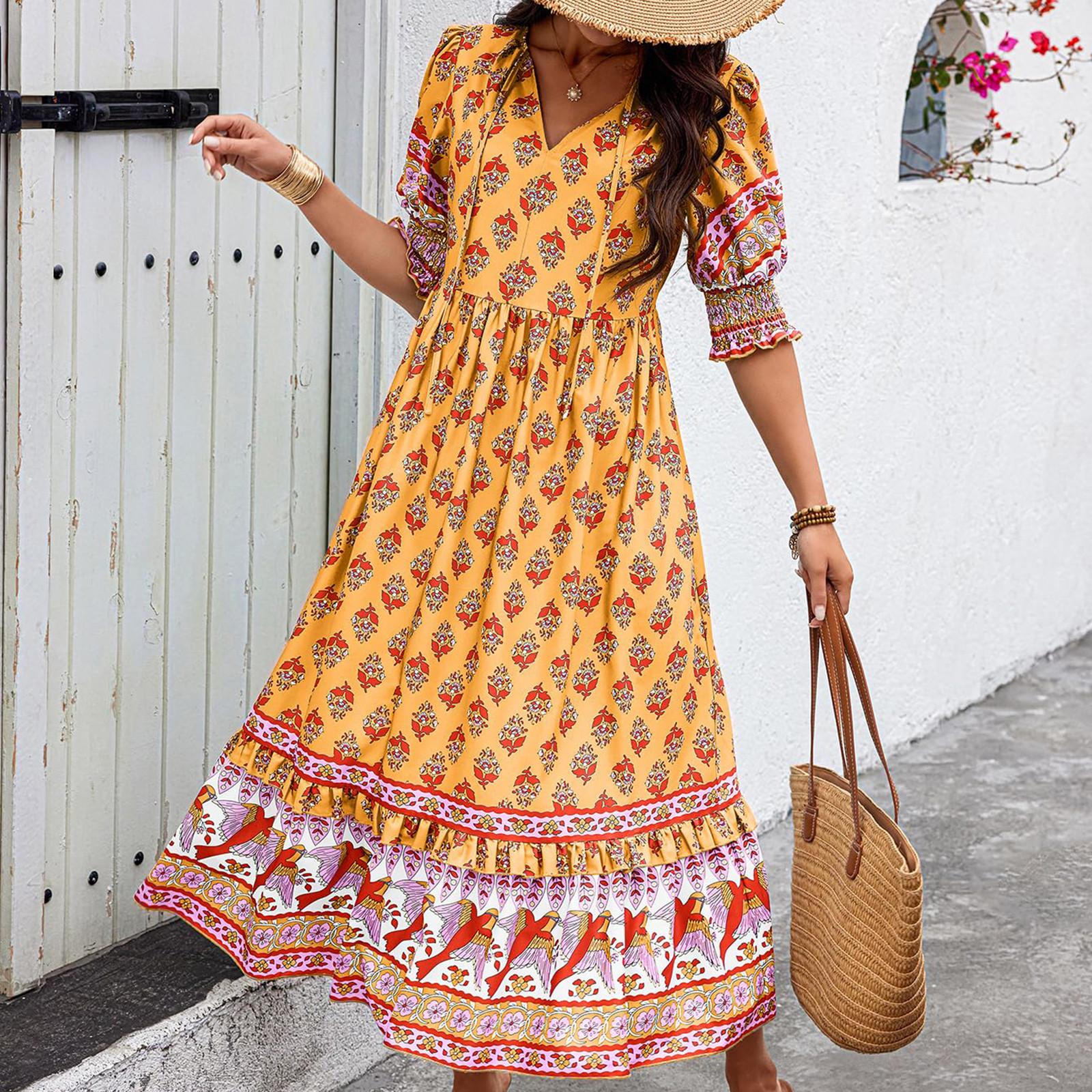 

Женская мода, повседневные богемные платья с v-образным вырезом и принтом, большие свободные платья с высокой талией XL жёлтый