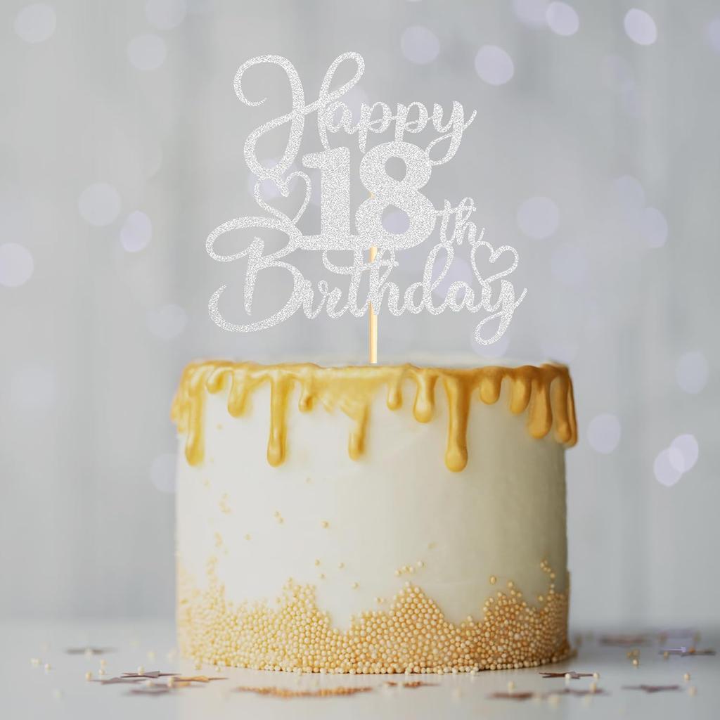 Sotpot 1PC Happy 18th Birthday Cake Topper Double-sided Silver Glitter Cake Pick Cake Decoration for 18th Birthday Anniversary Party Cake Decorations