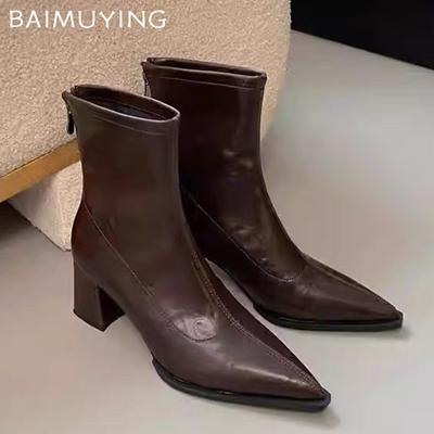Kış Deri Kalın Kadın Bilek Botları Sivri Burun Orta Topuklu Şık Ayakkabılar 2025 Trend Moda Pompalar Gotik Chelsea Botas De Mujer