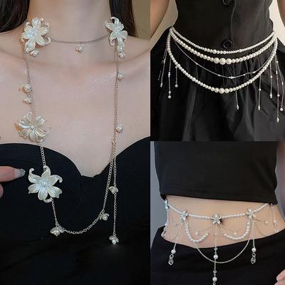 Flower Pearl Tassel Necklace Ladies Sexy Pearl Multi-Layer Body Chain Elegant Waist Chain For Beach Outfit Fashion Accessory