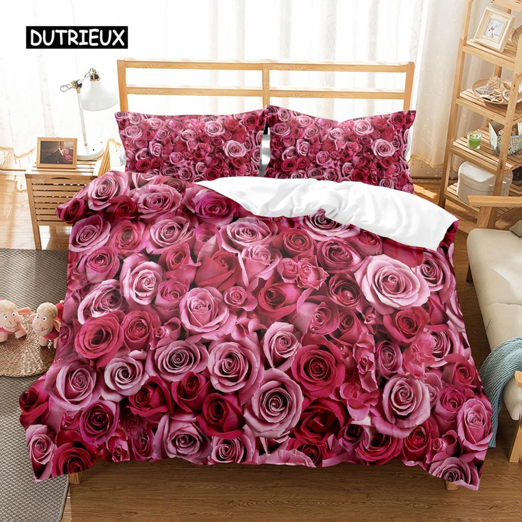 Romantische Rose Bettbezug Twin Queen Floral Bettwäsche Set Mikrofaser Blüte Blumen Steppdeckenbezug für Valentinstag Hochzeitsdeko