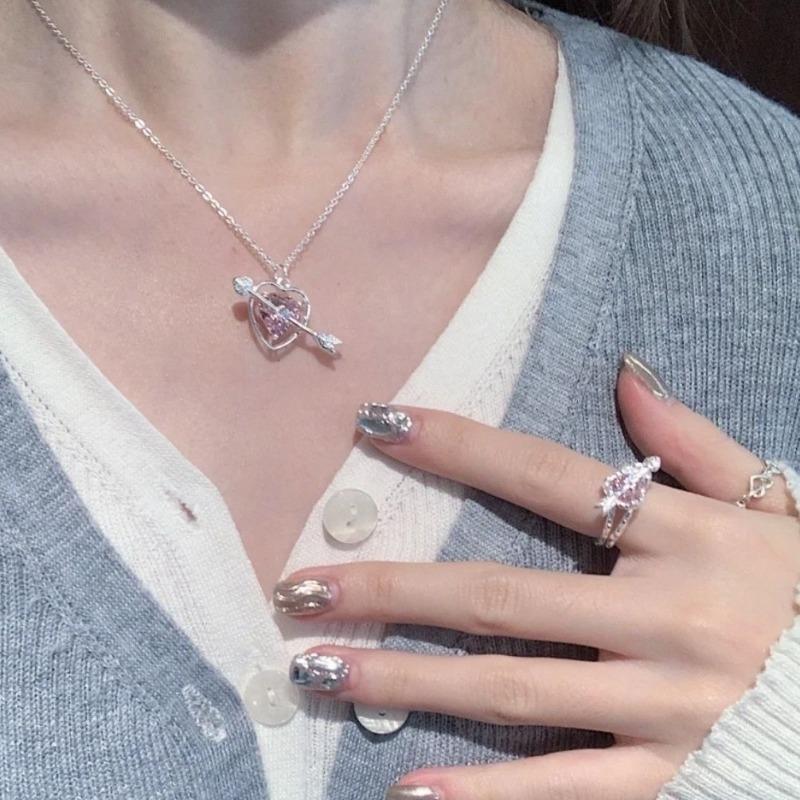 Sweet Pink Diamond Cupid Love Necklace ins Student Girl One Arrow Through Heart Pendant Girlfriend Chain Collarbone Chain