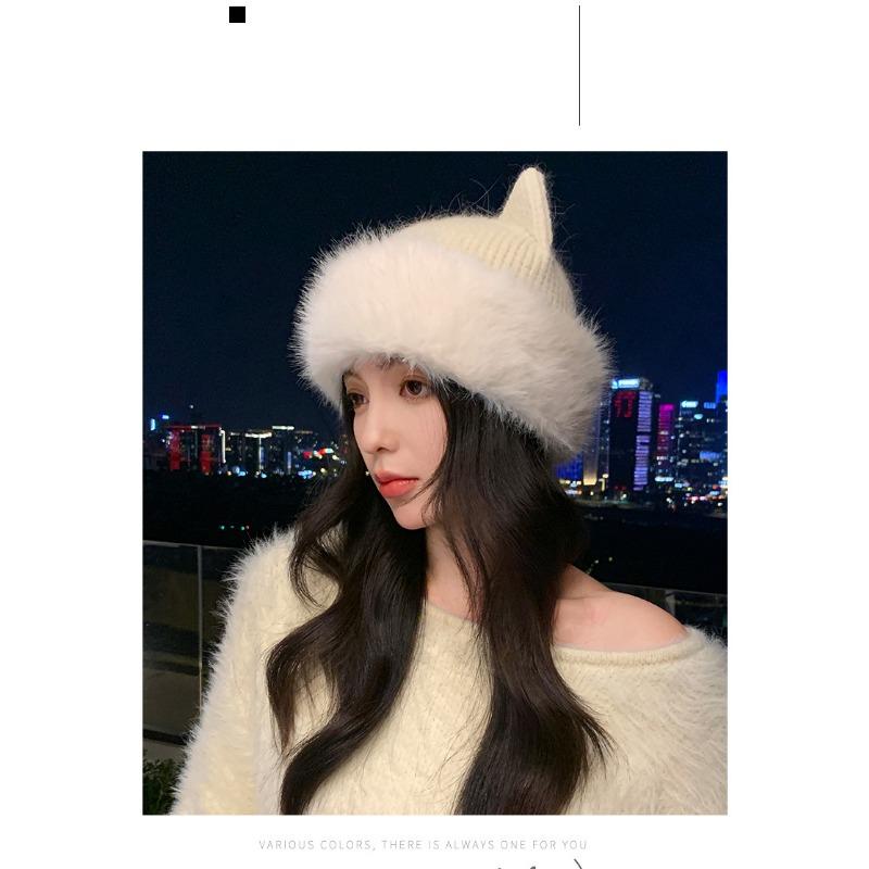 Korean Style Cute Cat Ears Plush Knit Hat Autumn Winter Warm Casual Beanie