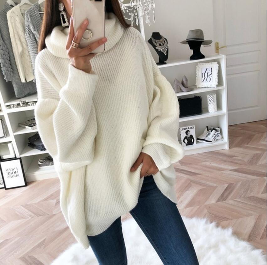 Women Knitted Solid Sweaters Turtleneck Full Sleeve Thick Jumpers Pullovers Loose Casual Splice Sweater Autumn Winter Pullover