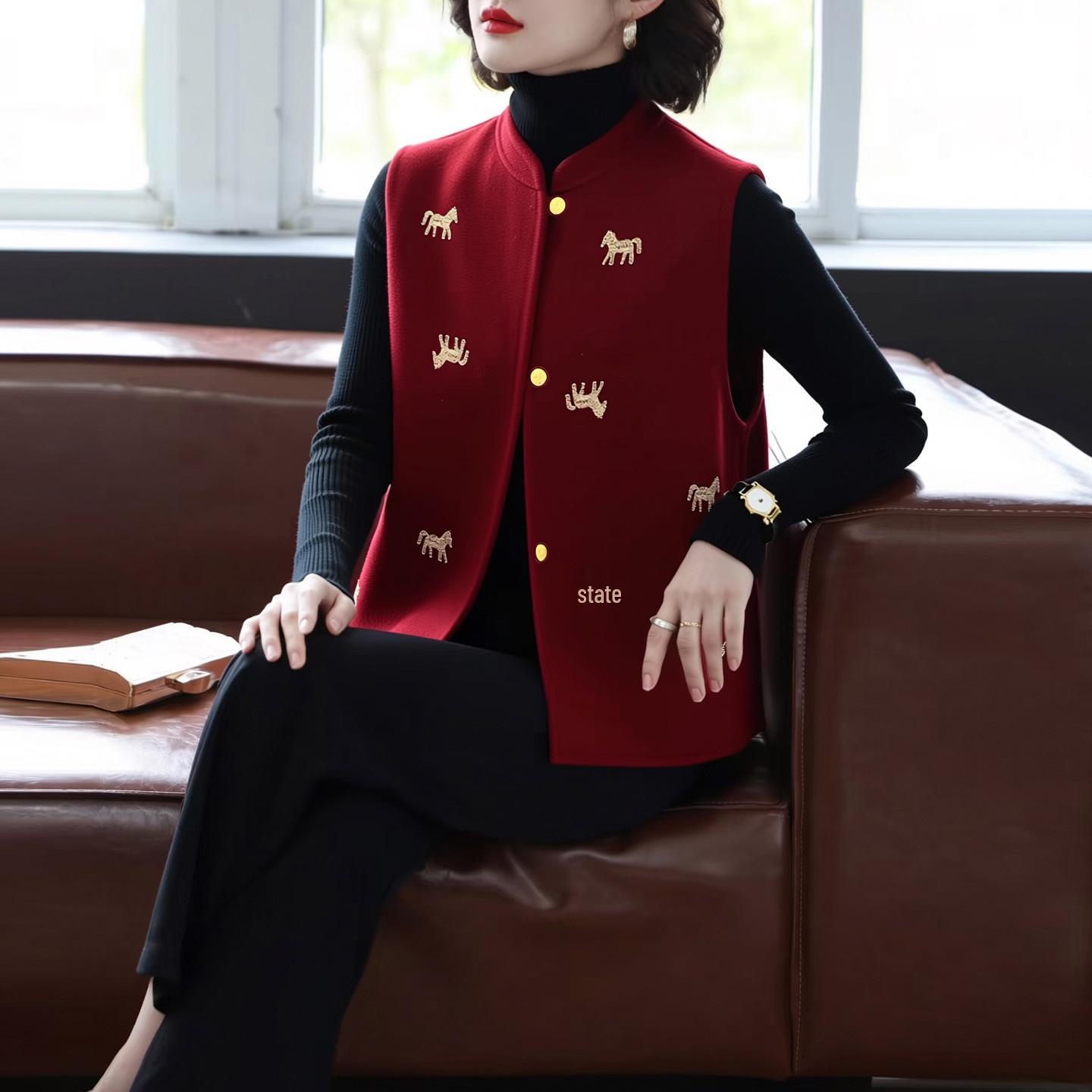 

2026 Zodiac Red Double-Sided Woolen Jacket for Mother s Wedding Banquet M (115-135 lbs)