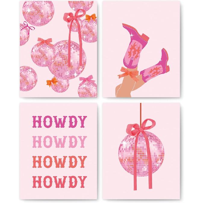 okaxscm Ярко-розовый Кокетливый Преппи Howdy Настенные Постеры Набор из 4 шт., Эстетичный Декор Комнаты в Стиле Преппи, Декор Комнаты Ковбойки, Розовый Бант Диско-Шар Ковбойская Стена