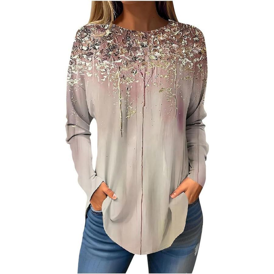 Långärmade 3D-printade T-shirts Blomma Rundhalsad Topp för Damkläder