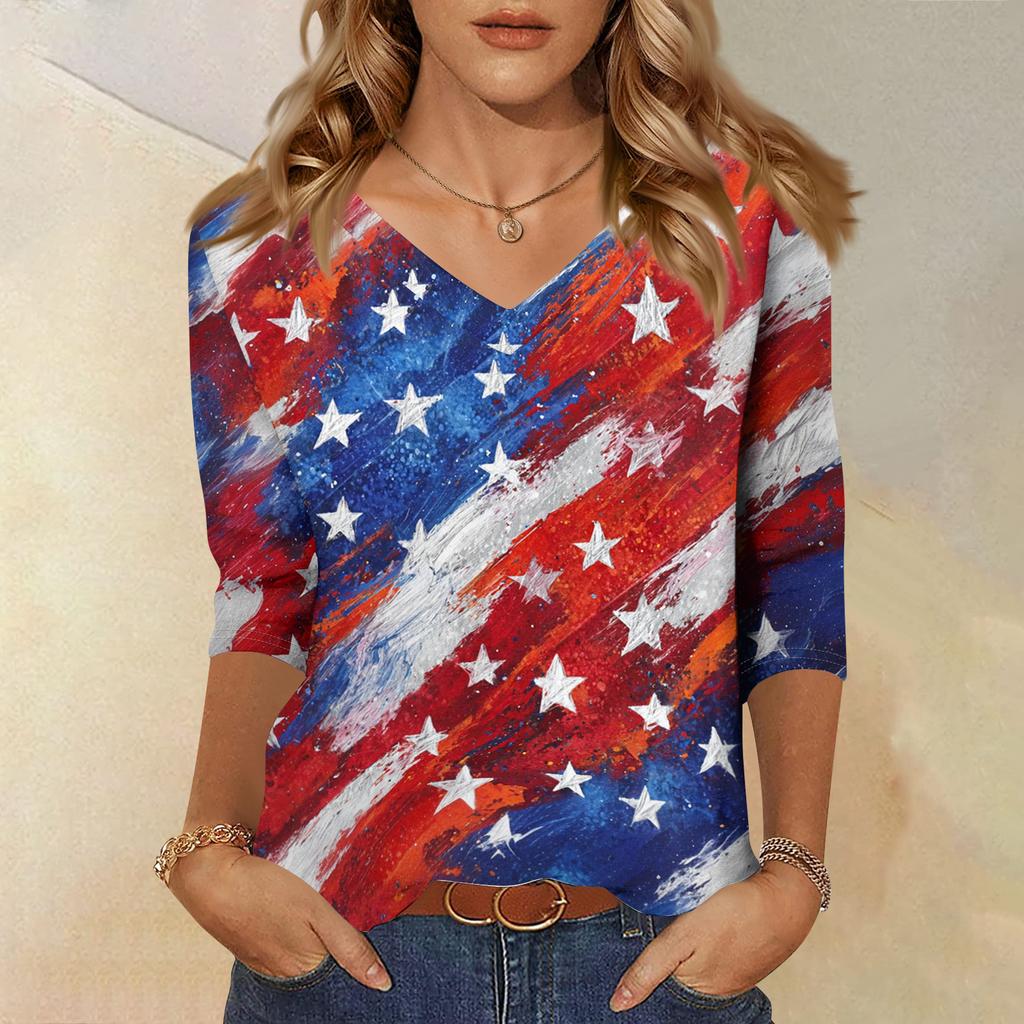Women's Fashionable Casual Independence Day American Flag and Stars Print V-Neck Three-Quarter Sleeve T-Shirt Top
