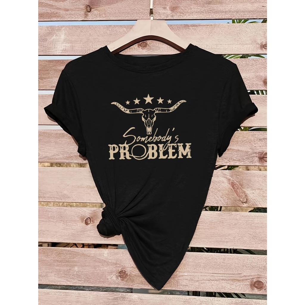 Bull head print t-shirt, short sleeve crew neck casual top for summer & spring, women's clothing