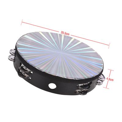 8 Inch Wooden Radiant Tambourine Handbell Hand Drum with Double Row Jingles Reflective Drum Head Musical Percussion Instrument