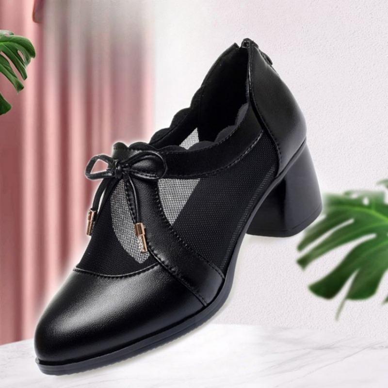 Single Shoes Sandals Mid-heeled Thick-heeled Hollowed-out Shoes Mom Shoes Deep-mouth Women's Shoes
