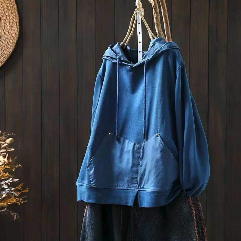 Johnature Women Vintage Hooded T-Shirts Solid Color Patchwork Pockets Autumn Long Sleeve Loose Casual T-Shirts