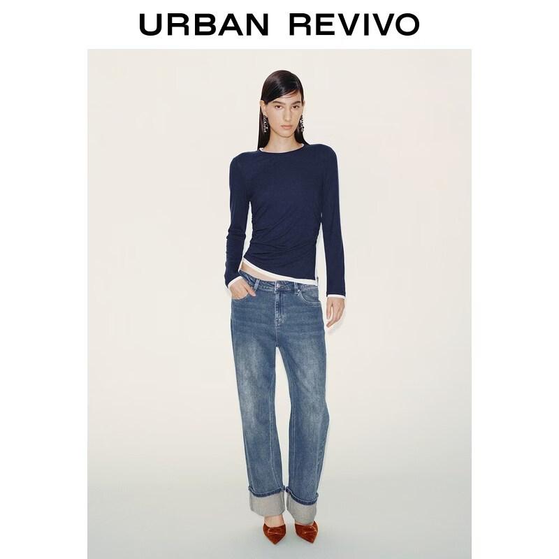 UR 2026 Spring Women's Color-block Faux Two-Piece Pleated T-Shirt