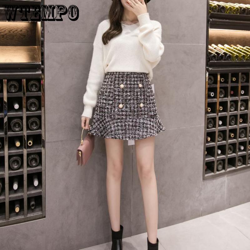 Temperament Celebrity Small Incense Wind Ruffle Double-breasted Tweed Half-body Skirt Female Elegant High Waist A Line Short Skirt