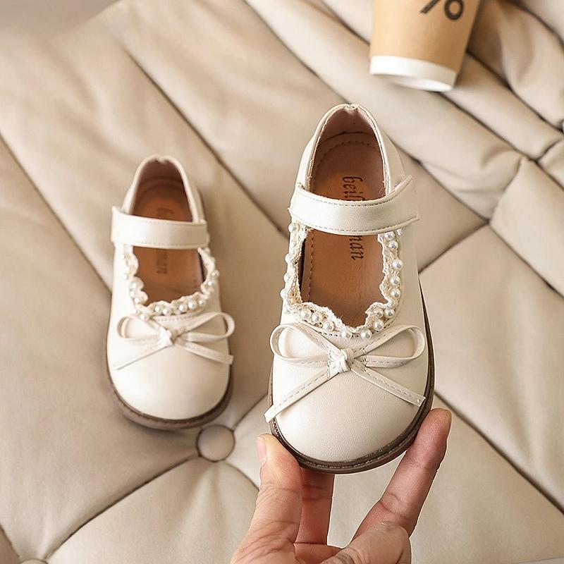 Girls Bowknot Princess Leather Shoes Sweet Bowknot Children Lace Flat Shoes Fashion Spring Autumn New Kids Causal Party Shoes 25