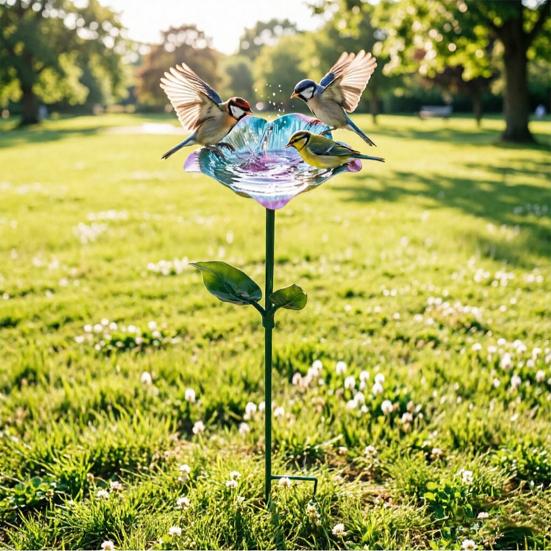 Metal Flower Garden Stake Bird Bath for Outside Freestanding Bath Bowl with Stake Hummingbird Feeder Station for Yard Lawn Garden Decor