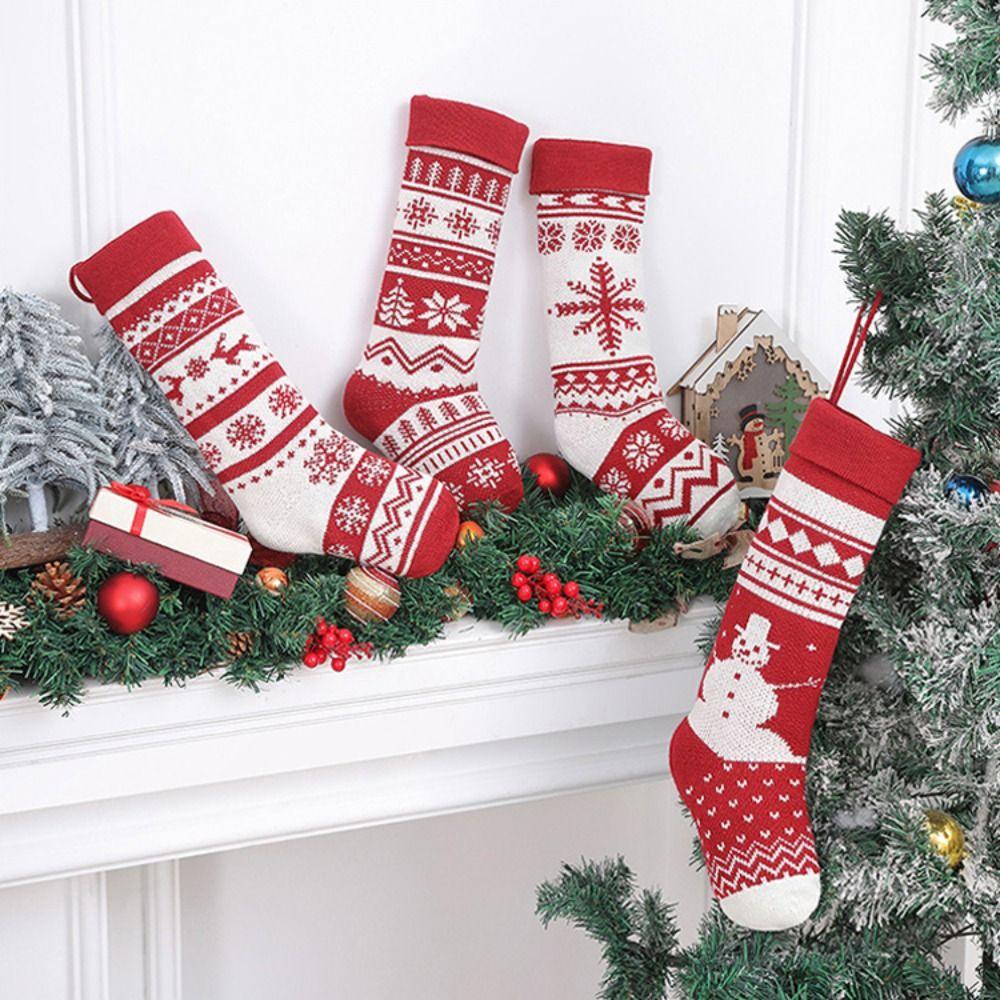 Hanging Knitted Christmas Stocking Xmas Tree Ornaments Gift Bag Christmas Decor