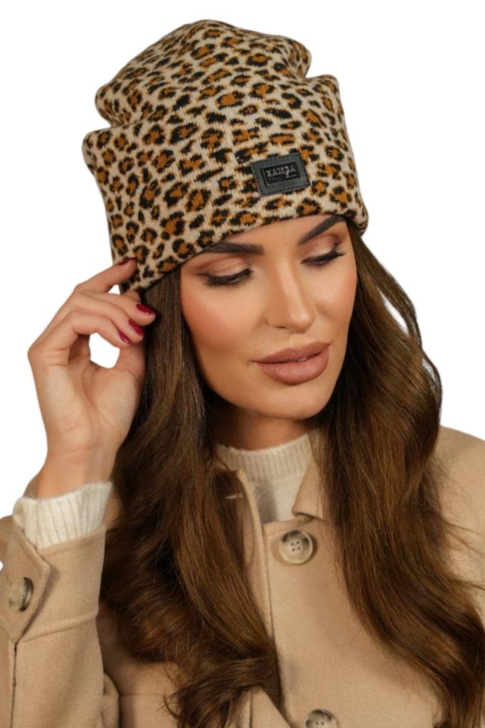 Women' Woolen Leopard Hat with Logo Cameo Color Light Beige Panji