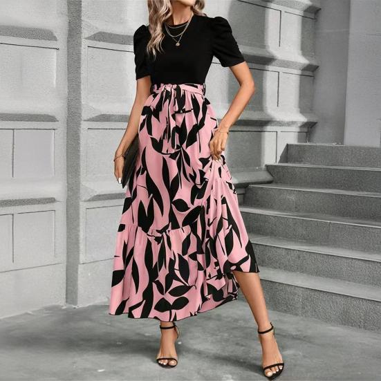 Robe d'été Col rond Manches courtes Taille haute Robe longue Épissure Imprimé feuille Ourlet fluide Robe maxi Vêtement quotidien