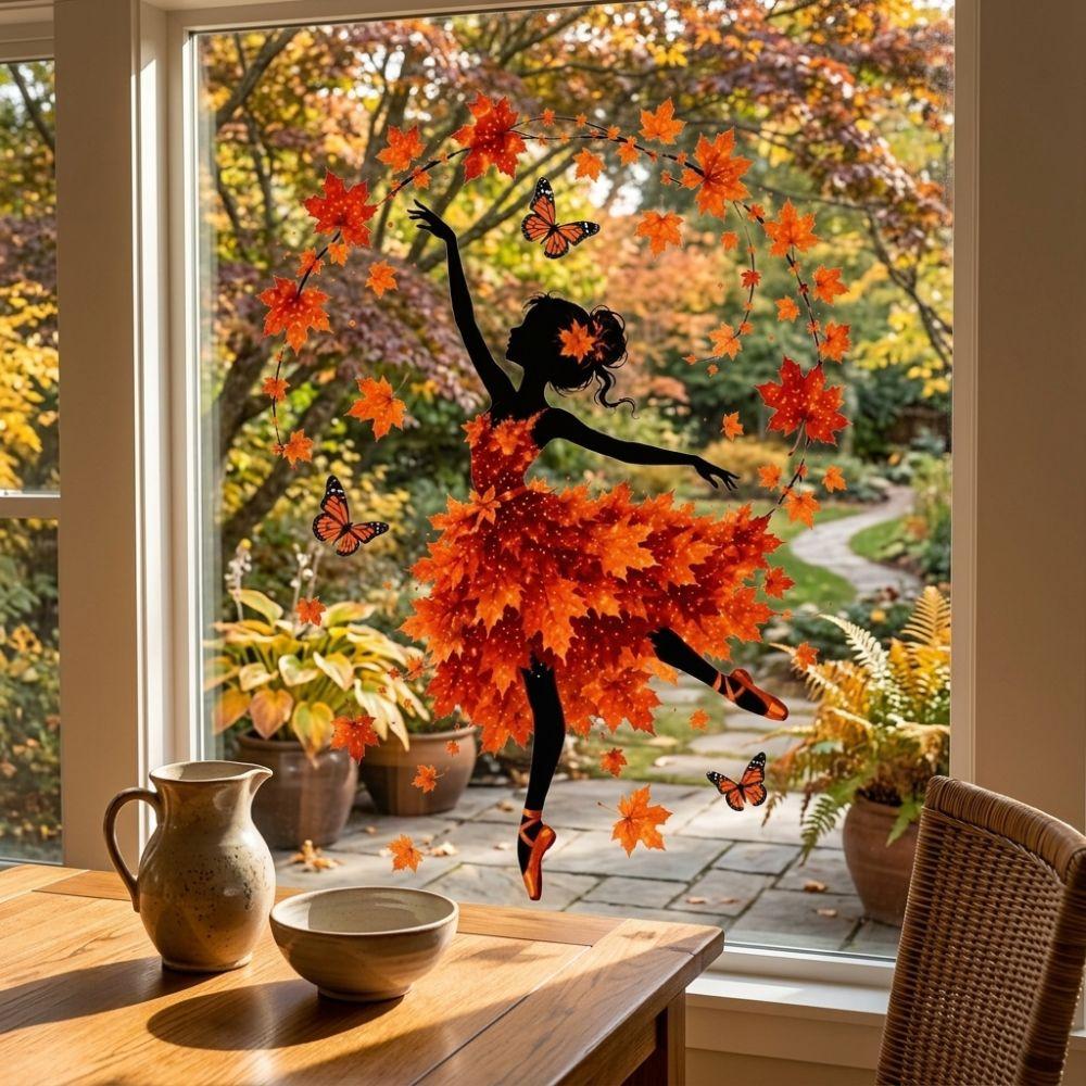 PVC Static Autumn Ballerina Window Cling Aesthetic Maple Leaf Butterfly Glass Decal Home Decor