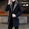 Men Business Jacket Medium Length Single-breasted Solid Color Plush Collar Autumn Winter Woolen