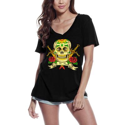 Women's V Neck T-Shirt Women's Skull With Flowers - Golden Swords