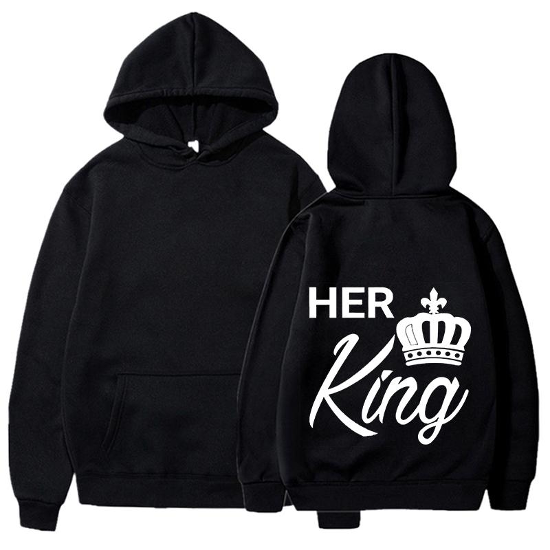 Nya Alla hjärtans dag Hans drottning och Hennes kung Tryckta Huvtröjor Män/Kvinnor Par Sweatshirts Ledig Huvtröja Personlighet Pullover