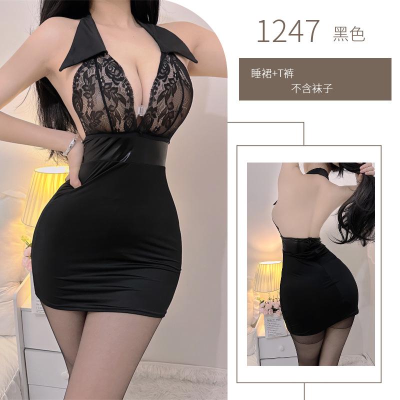 Black lace nightclub seduction tight hip wrap nightclub sexy underwear seduction slim tits secretary uniform