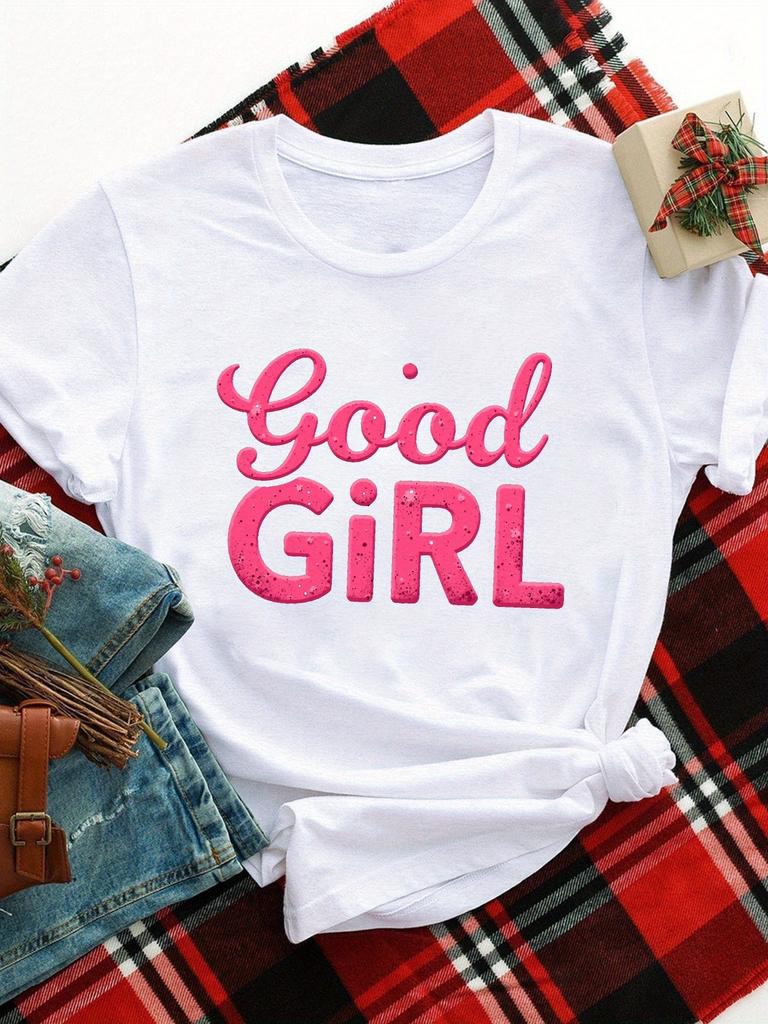 Womens Good Girl Graphic Tee Bold Pink Cursive Harajuku Sleeve Casual Clothing Street Tops Tees Aesthetic Clothes