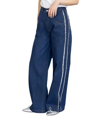 [atONE] ATD-0034 Side Fringe Denim Pants, Wide Silhouette, 100% Cotton, Trendy, Leg-Slimming, Figure-Flatting, Plus Size, Women's, L, Navy