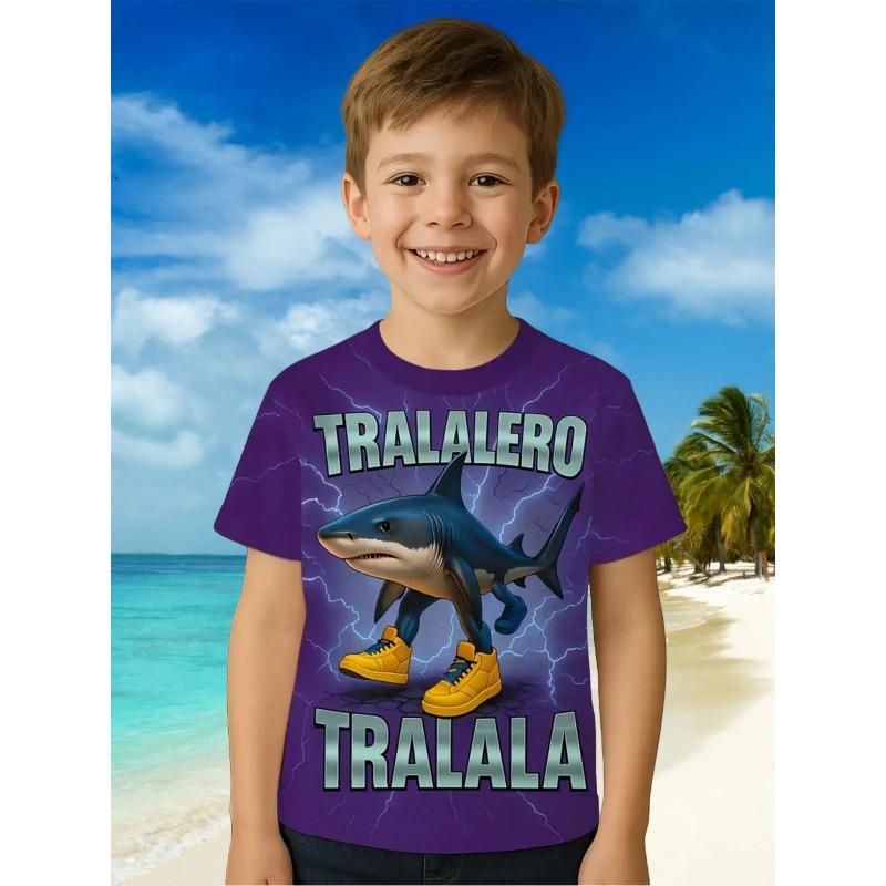 T-shirt Stampata 3D per Bambini Estate Brainrot Squalo con Scarpe per Uso Quotidiano Sport all'Aperto Top Comodi e Divertenti per Bambini