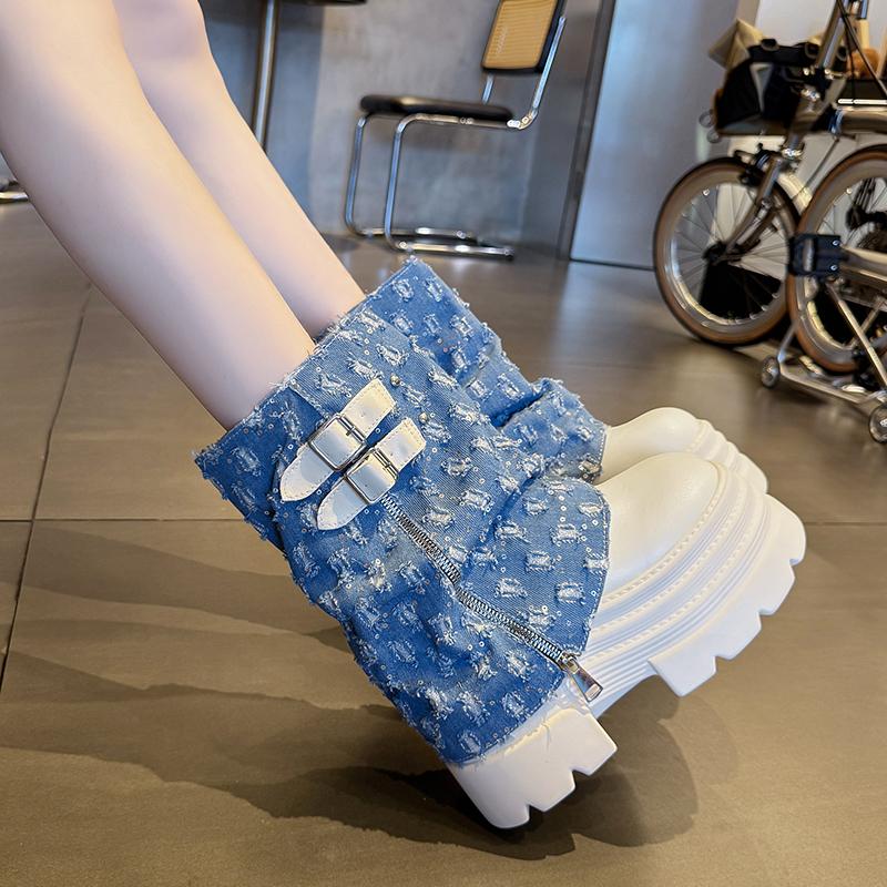 10CM Autumn Winter Chunky Short Boots Women Canvas High Heels Mid Calf Leather Sneakers Trend Buckle Motorcycle Boots Snow Shoes