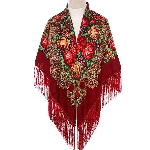 Women Russian Style Big Square Scarf Shawl Retro Fringed Cotton Print Scarves Hijab Wraps Ethnic Shawls Bandana