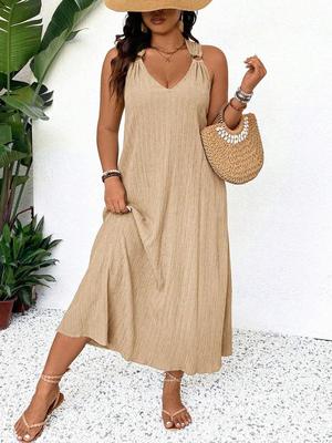 Plus Size Women's Halter Neck Pleated Midi Dress - Summer Casual Beachwear