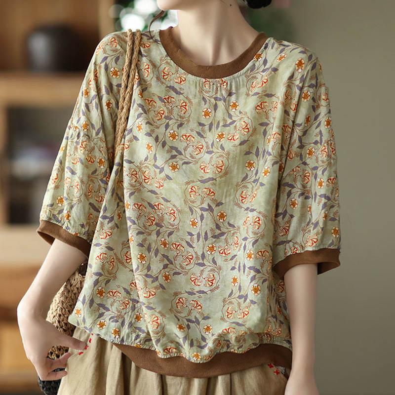 Cotton T-shirt Summer Women Retro Casual Short Sleeve Tops Printed Loose Round Neck Pullover T-Shirt Women