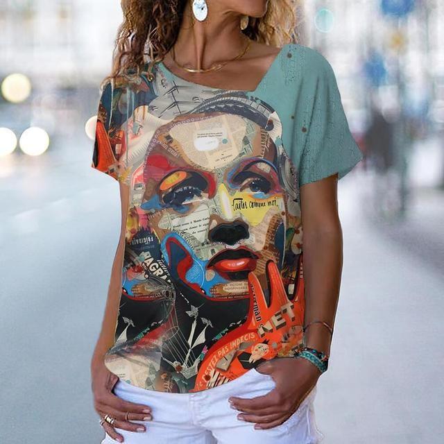 Summer V-neck 3D Art Facial Pattern Printed Top Fashionable Casual Short Sleeved Women's T-shirts