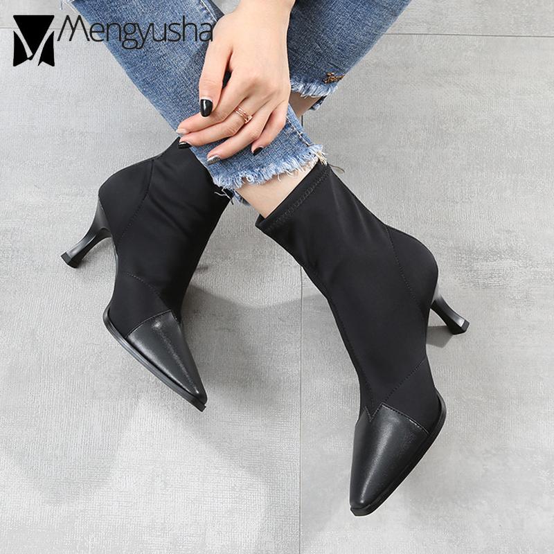 Модные женские сапоги-носки из овчины и эластичной ткани в стиле пэчворк на высоком — фото 4