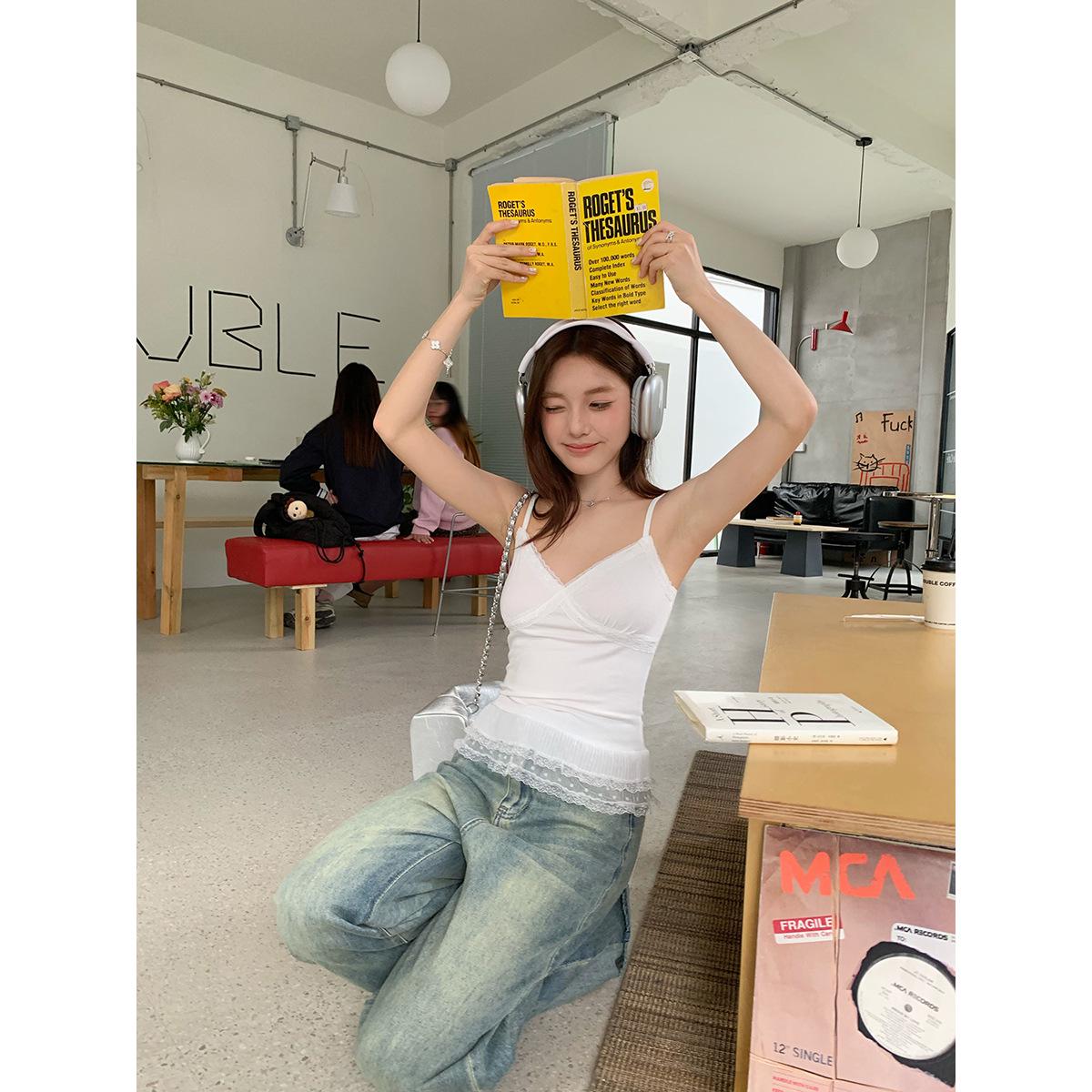 

Women s Spring V-Neck Backless Lace Patchwork Tank Top Sleeveless Vest L (Premium) сірий колір