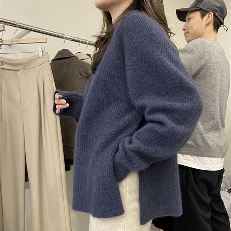 

Женский свитер с полуводолазкой и утолщенным флисом, однотонная рубашка, свободный большой размер, осень-зима, повседневный трикотажный свитер темно-синий