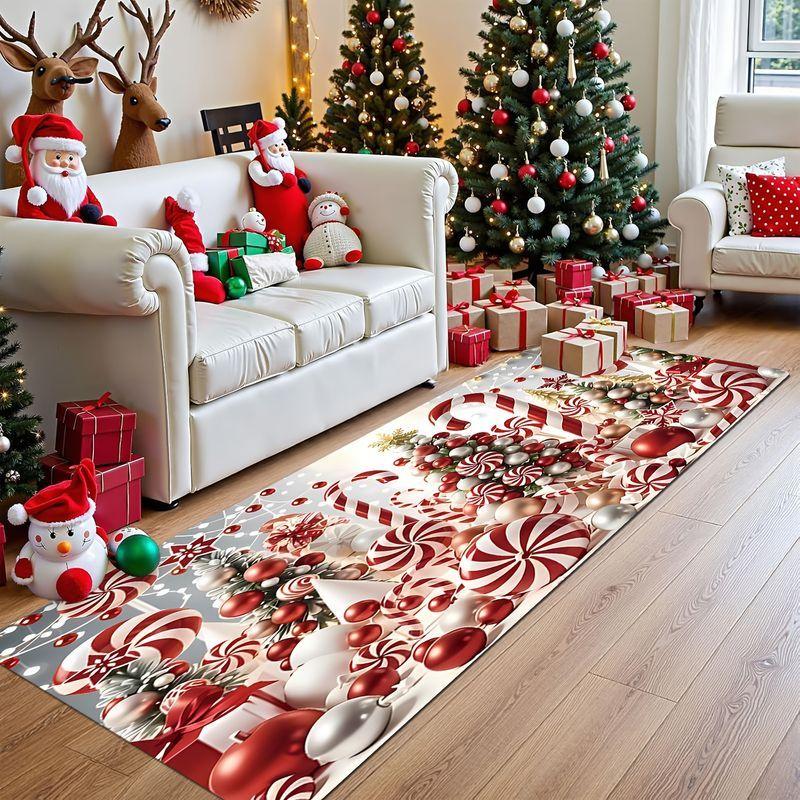 Vintage Christmas Runner Rug Candy Cane Peppermint Design Washable Anti Slip Mat Hallway Bedroom Farmhouse Decor