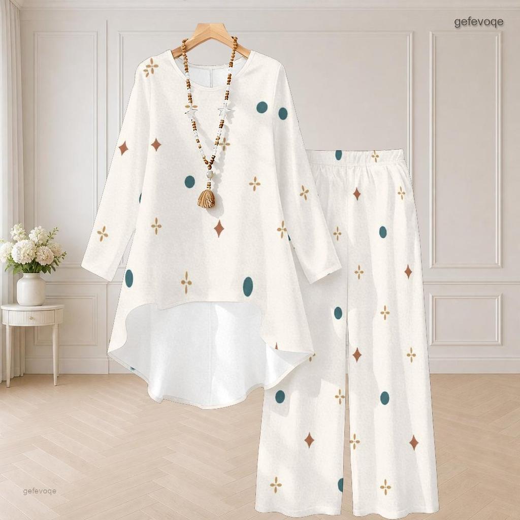 Women Plus Size Navy Blue Printed Round Neck Long Sleeve High Low Top Wide Leg Pants Two Piece Set