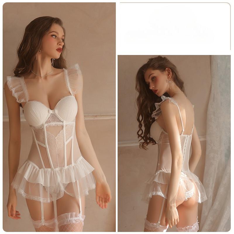 Women’s Backless Lace Mesh Lingerie Nightdress with Built-In Padded Underwire Bra and Flared Skirt