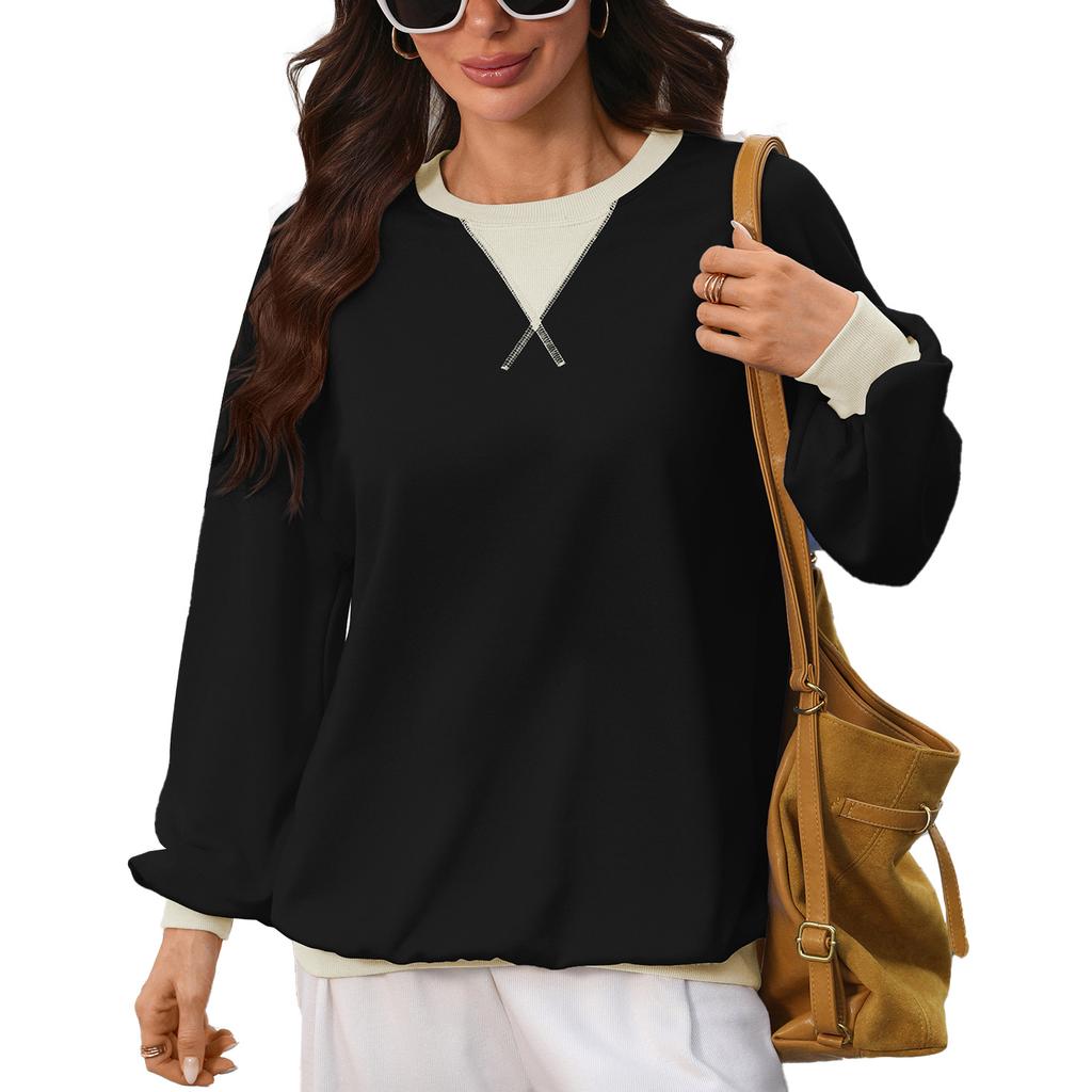 Fall/Winter New Style Round-neck Color-Contrast Loose Long-Sleeved Sweatshirt for Women