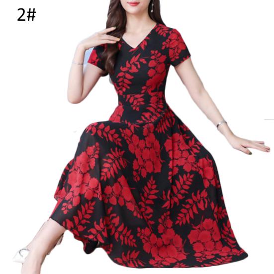 Lady Fashion Floral Print Tight Waist Large Swing V-Neck Short Sleeve Maxi Dress