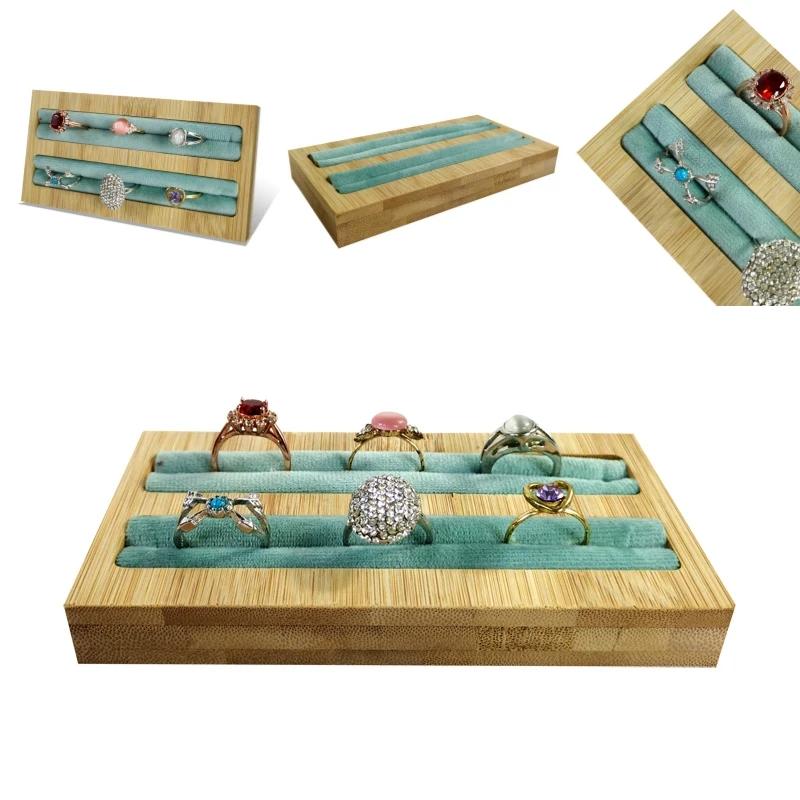 Velvet Square Ring Tray With Bamboo Wood Base 2 Slots Ring And Accessory Display Stand Earrings Jewelry Storage Rack 14.5*7CM