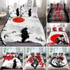 Japanese Samurai Bedding Set KingQueenFull Size Japan Sunset Scenery Building Silhouette Polyester Duvet Cover Men Black Red