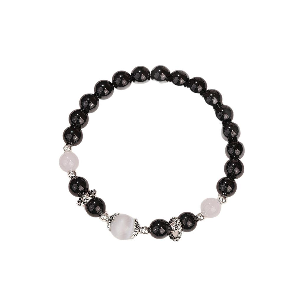 DJI Jewelry Natural Black Obsidian White Cat's Eye Chalcedony Bracelet for Women, Light Luxury Niche Exquisite Men's Gift