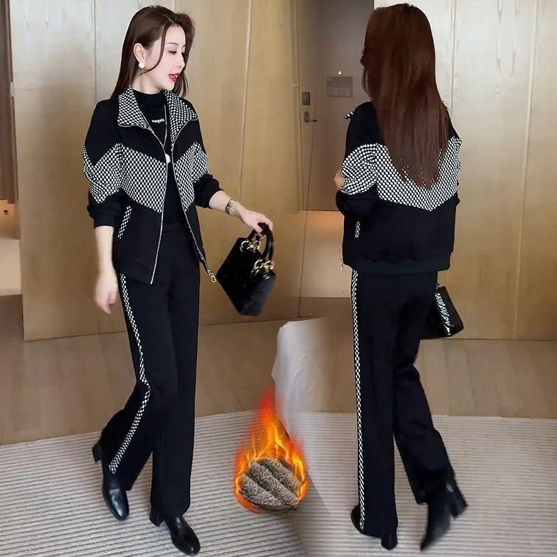 Thickened Velvet Casual Sports Suit for Women in Winter Fashionable Western Style Stand-up Collar Cardigan Wide-leg Pants Two-piece Set