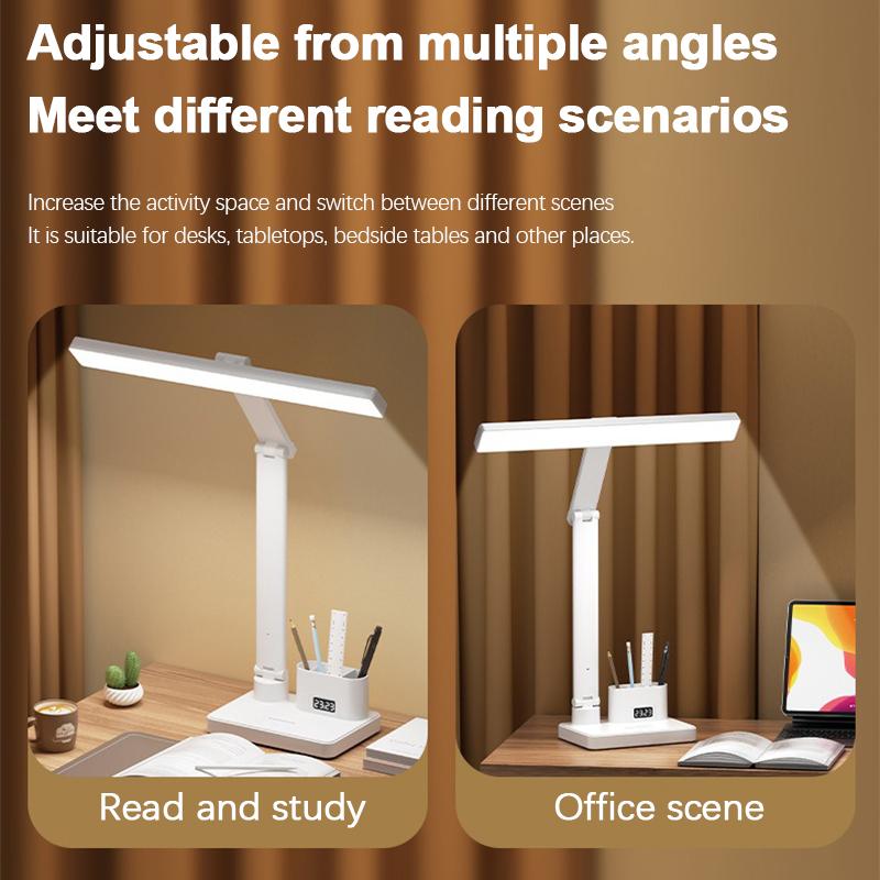 Lampa stołowa z zegarem LED USB z możliwością przyciemniania lampa biurkowa 2 głowice 180 obrót składana ochrona oczu lampka nocna do czytania